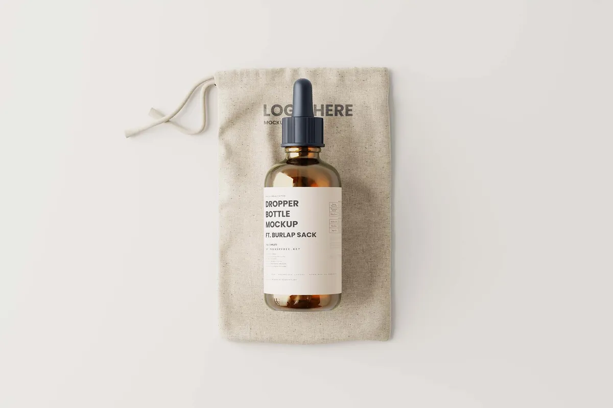 Dropper Bottle & Burlap Sack Mockup