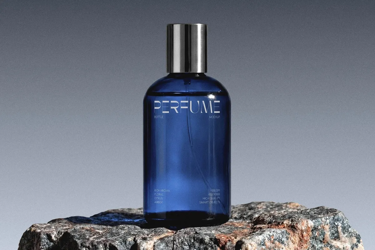 Glass Perfume Bottle Mockup on Stone Base
