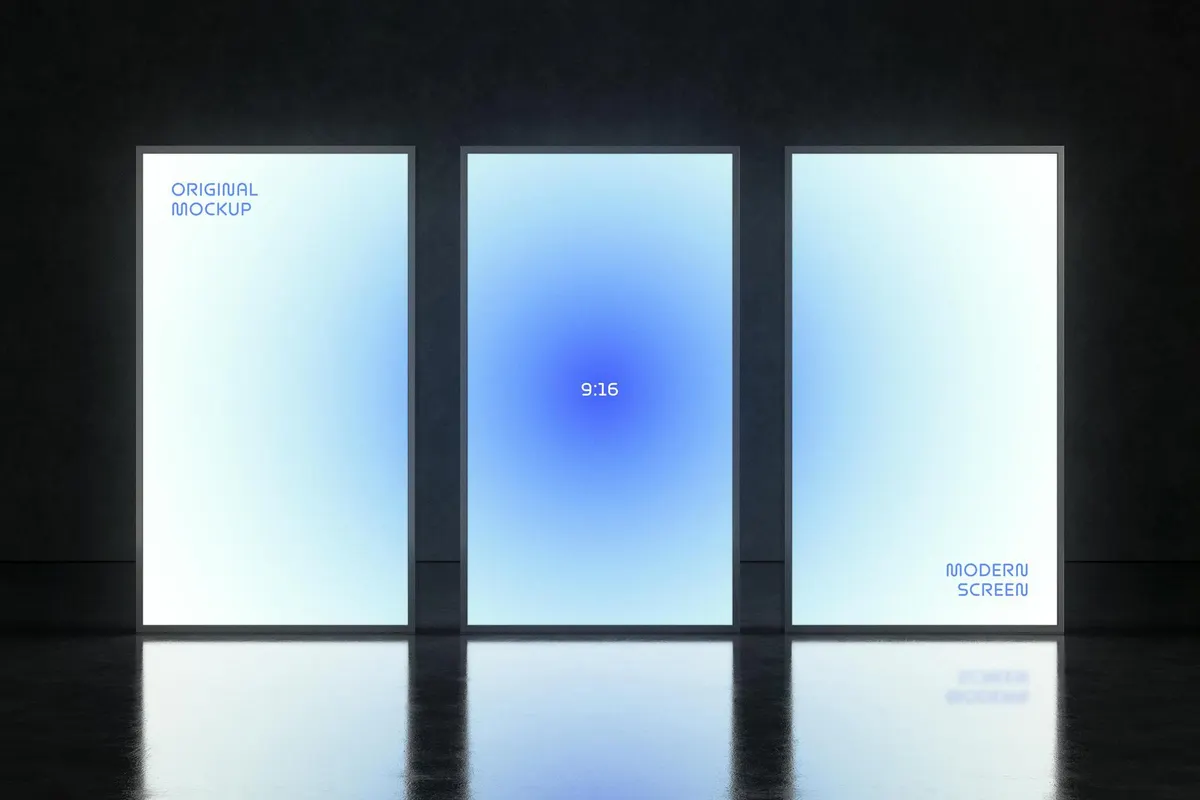 3 Glowing 9:16 Screens Mockup