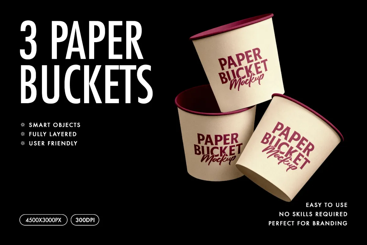 3 Paper Buckets Mockup