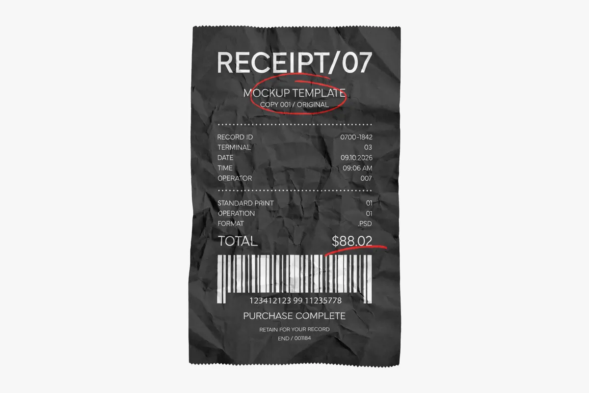 Crumpled Till Receipt Mockup