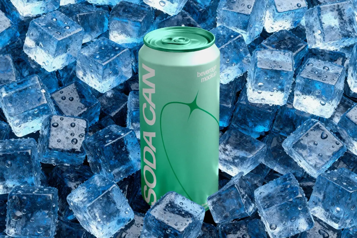 Soda Can Mockup with Ice Cubes