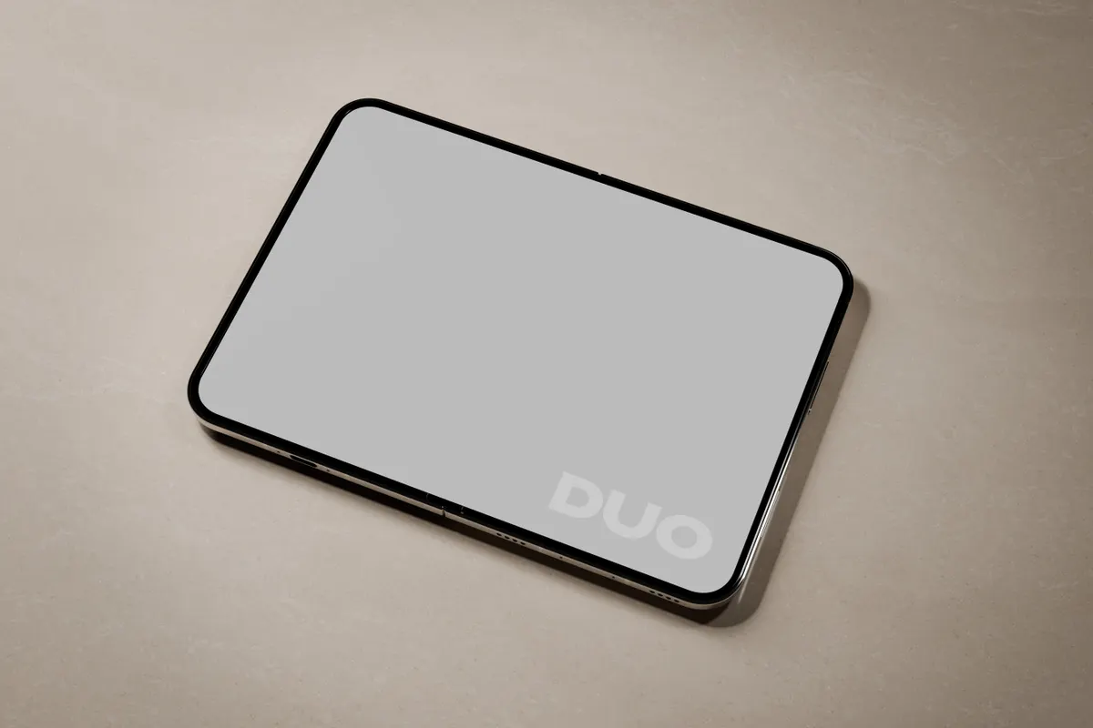 Unfolded iPhone Duo on Travertine Mockup
