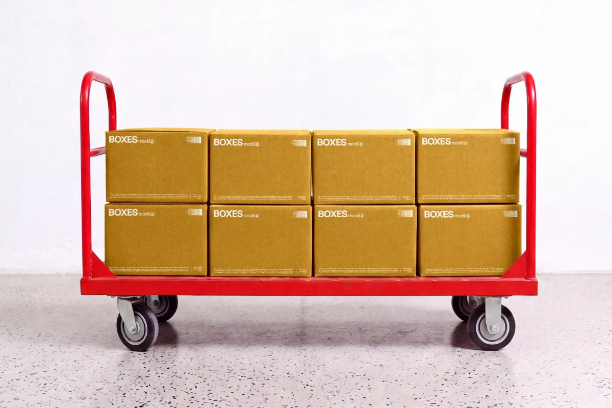 Stacked Boxes Mockup on a Trolley