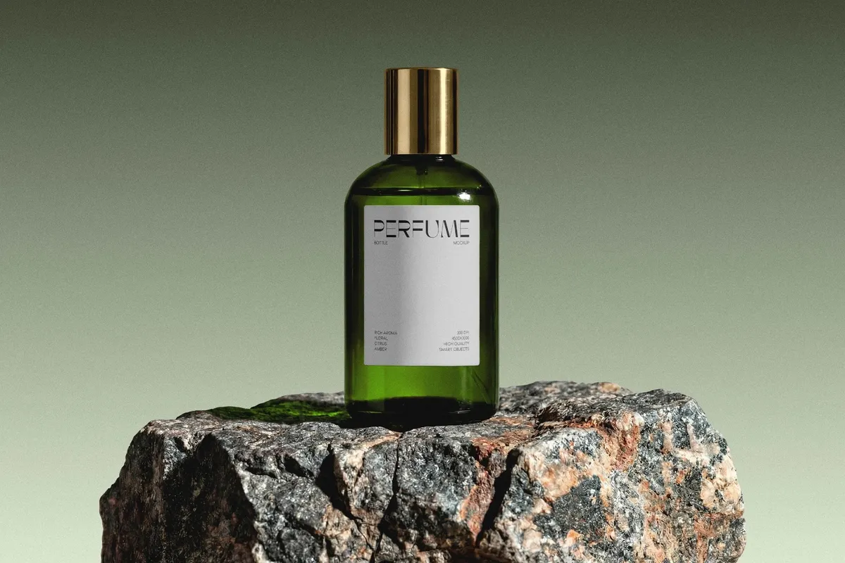 Glass Perfume Bottle Mockup on Stone Base