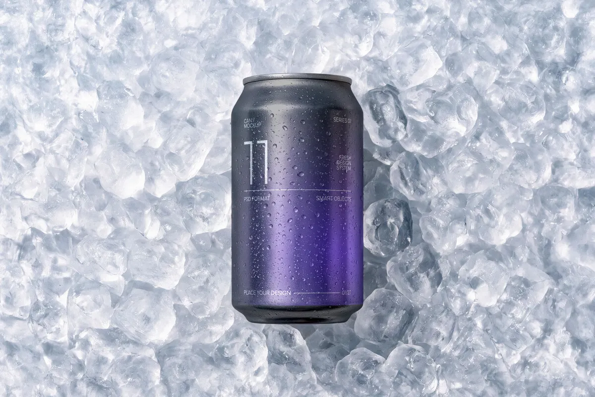 Soda Can Mockup in Ice Cubes