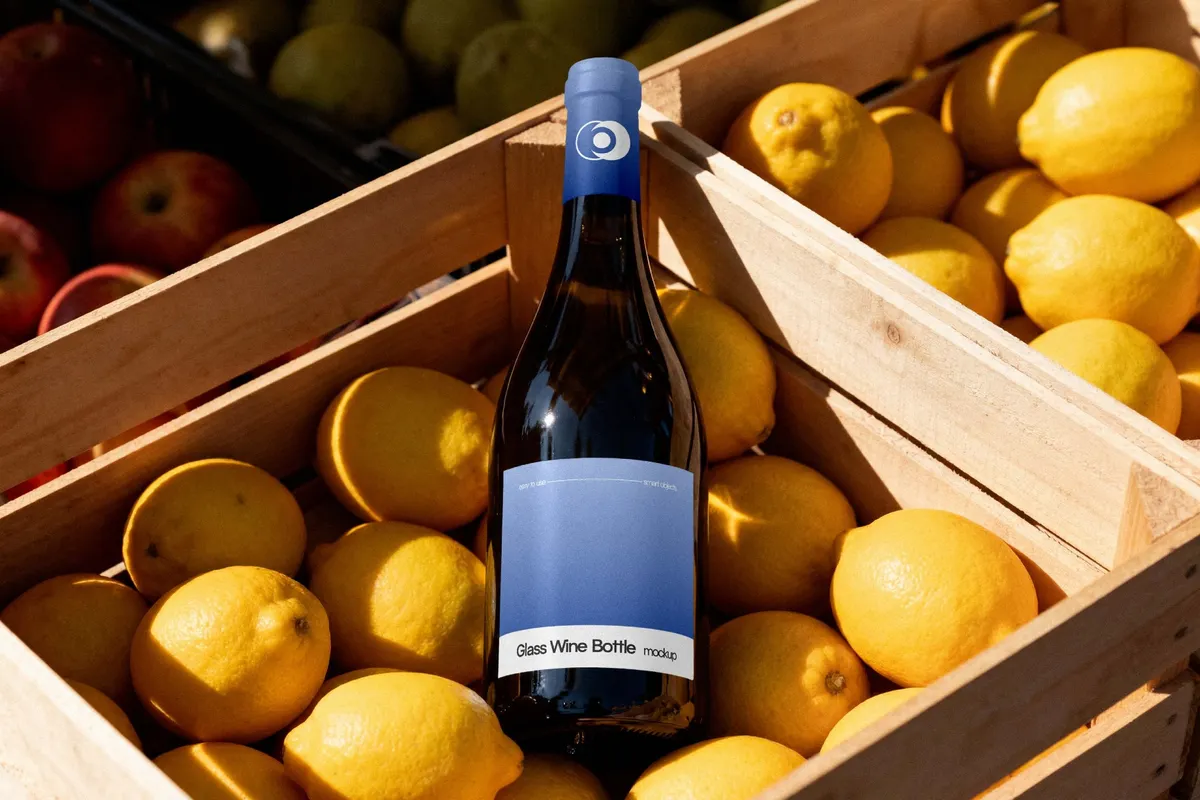 Wine Bottle Mockup on a Fruit Stall