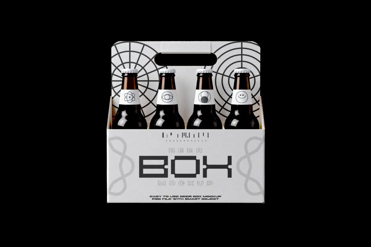 Beer Box Mockup with Four Bottles
