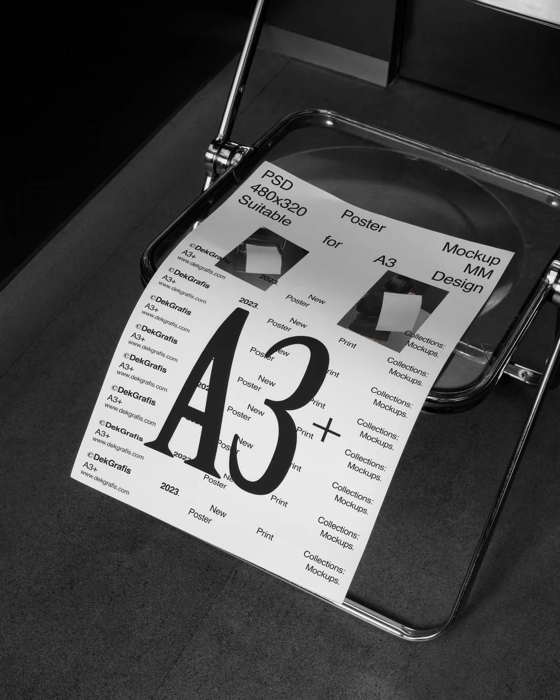 A3 Poster On Plastic Chair Mockup