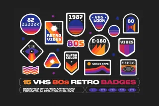 15 VHS 80s Retro Style Badges