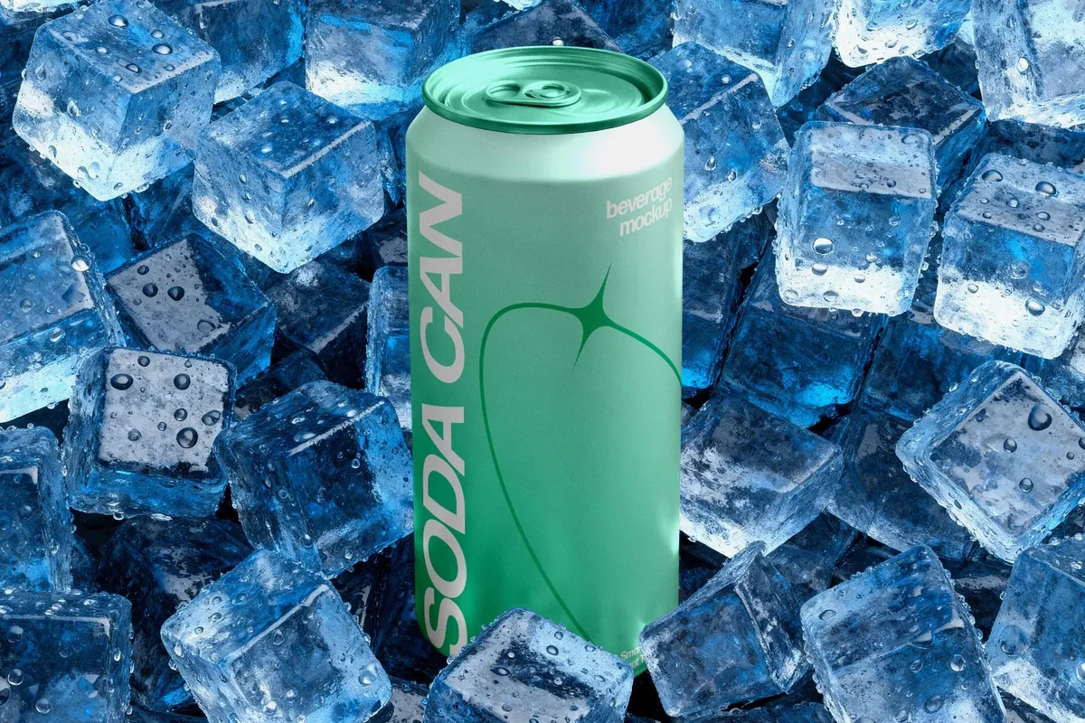 Soda Can Mockup with Ice Cubes