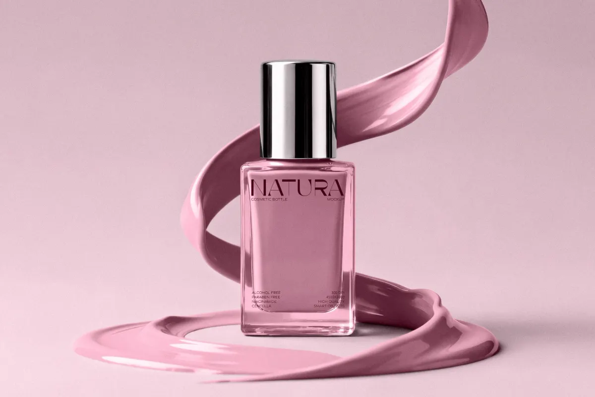 Glass Cosmetic Bottle Mockup with Cream Splash