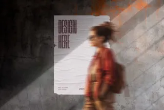 Crumpled Poster Mockup with Passer-by