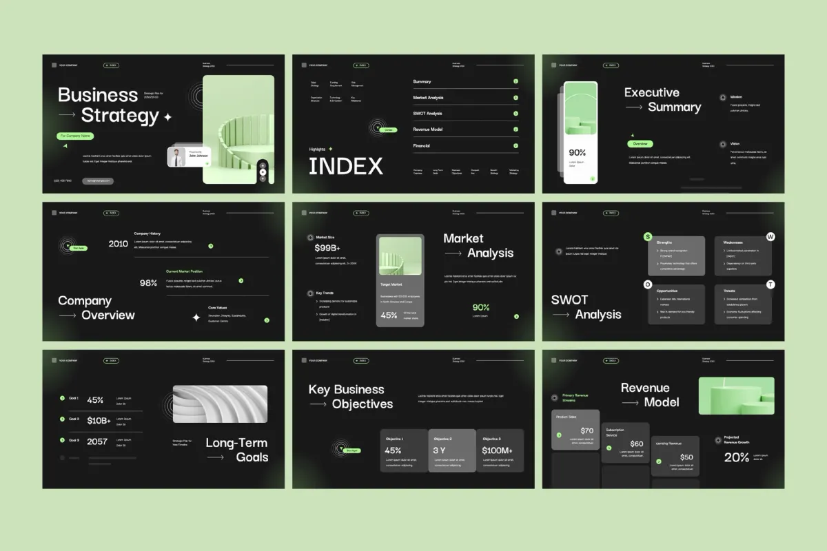 Black&Green Business Strategy Powerpoint Template