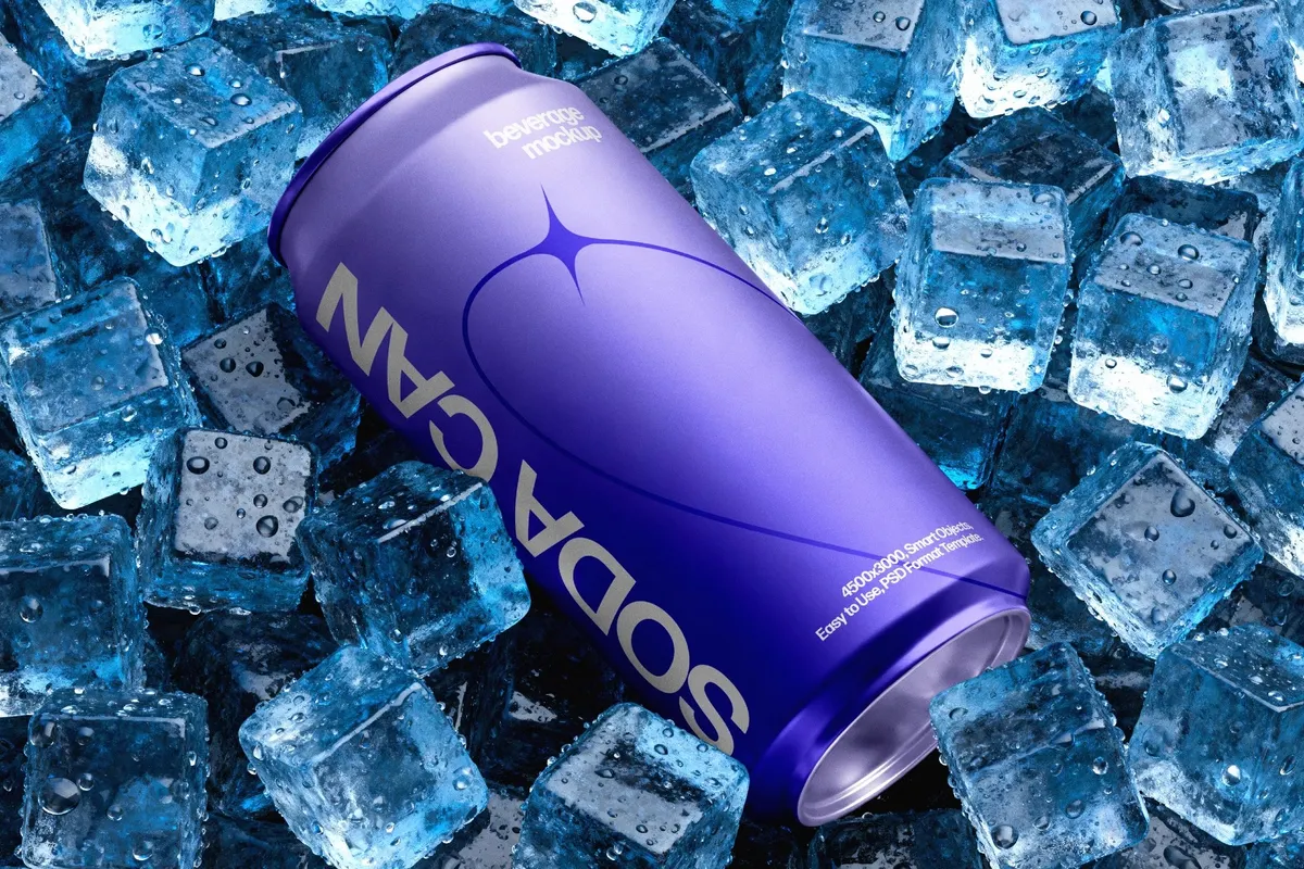 Aluminum Drink Can Mockup on Ice