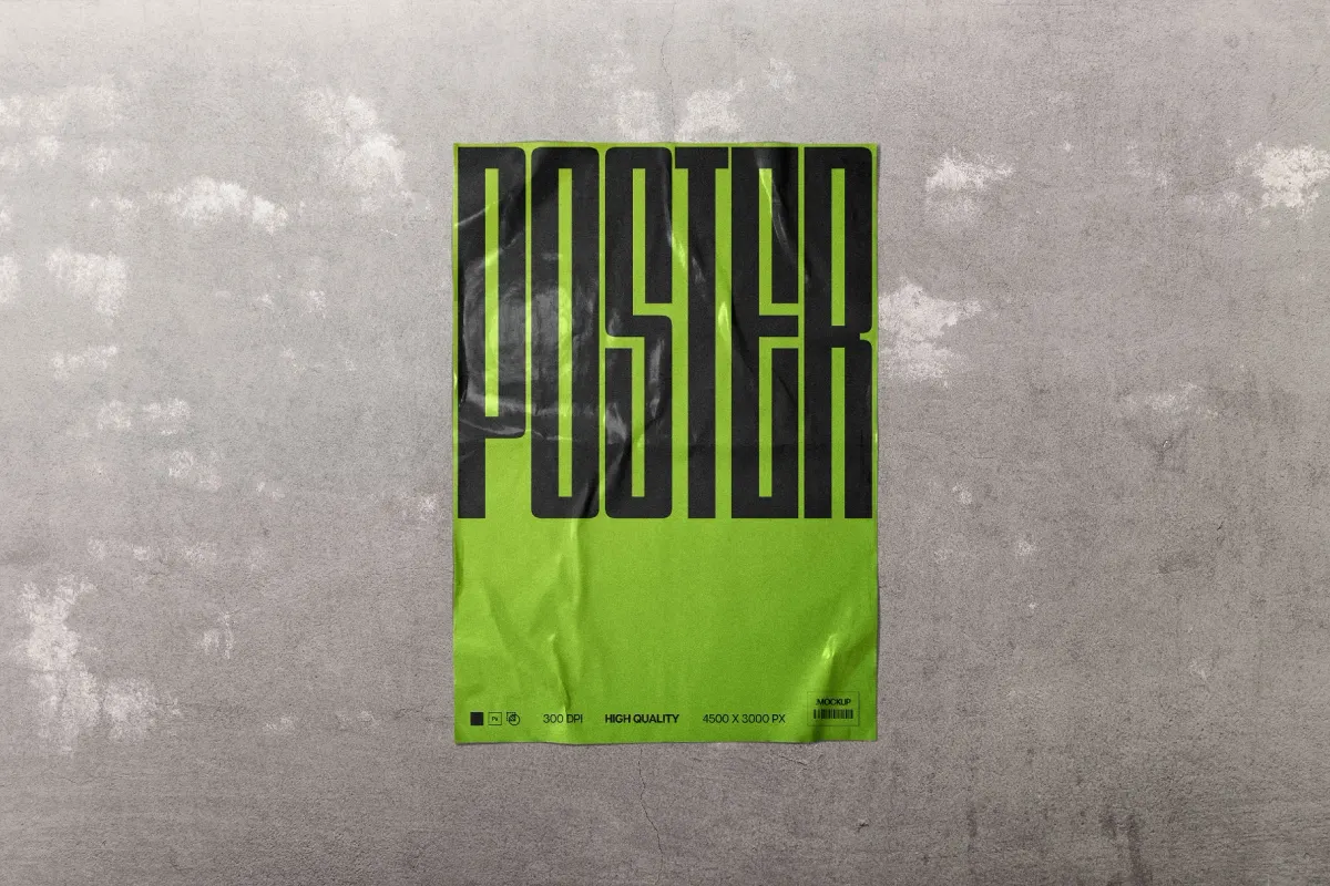 Glossy Wrinkled Poster Mockup on Concrete Wall