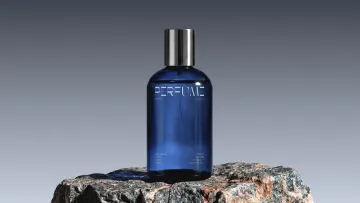 Glass Perfume Bottle Mockup on Stone Base