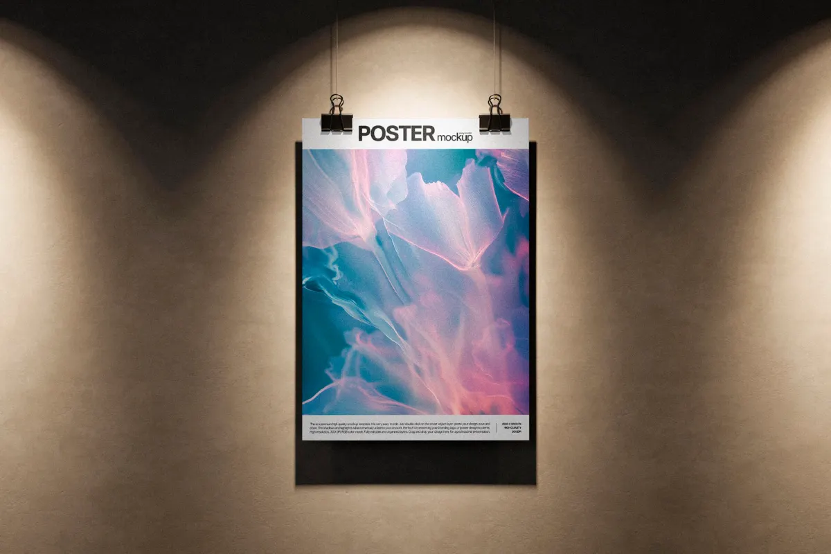 Hanging Poster Mockup with Binder Clips