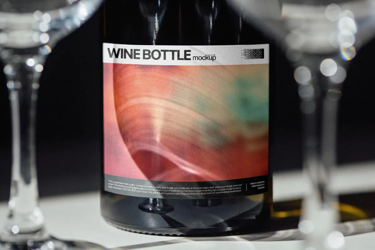 Wine Bottle Mockup with Glasses Closeup
