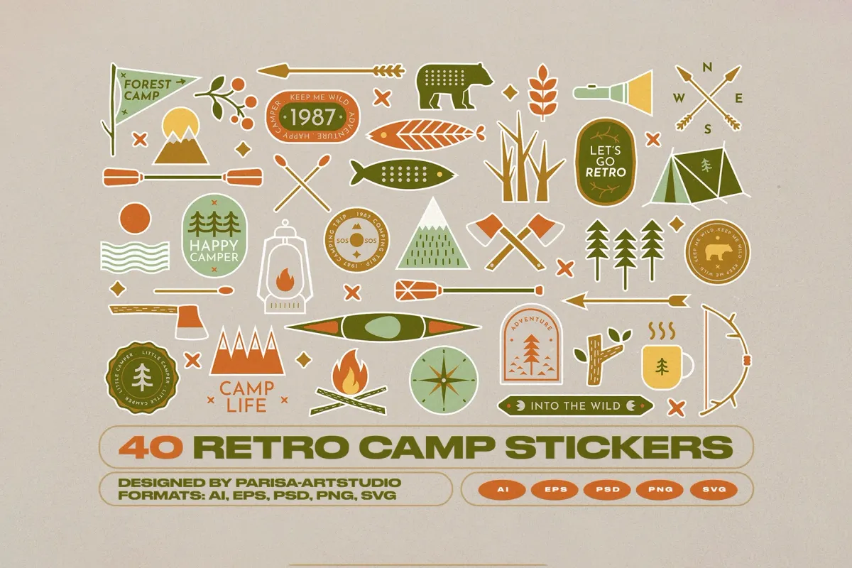 40 Retro Camp Stickers
