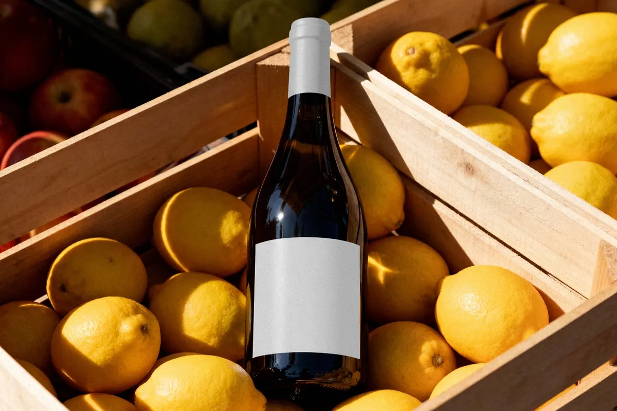 Wine Bottle Mockup on a Fruit Stall