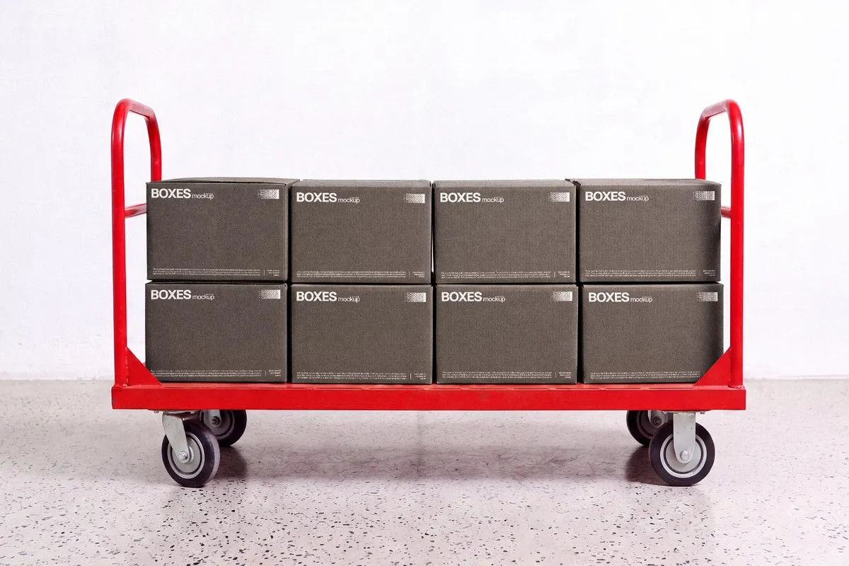 Stacked Boxes Mockup on a Trolley
