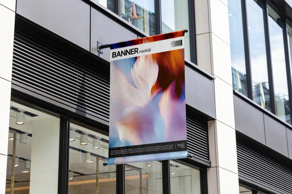 Vertical Banner Mockup on Building Facade