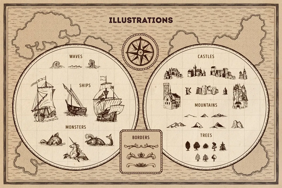 Magic Lands: Vintage Map Creator. Illustrator Brushes