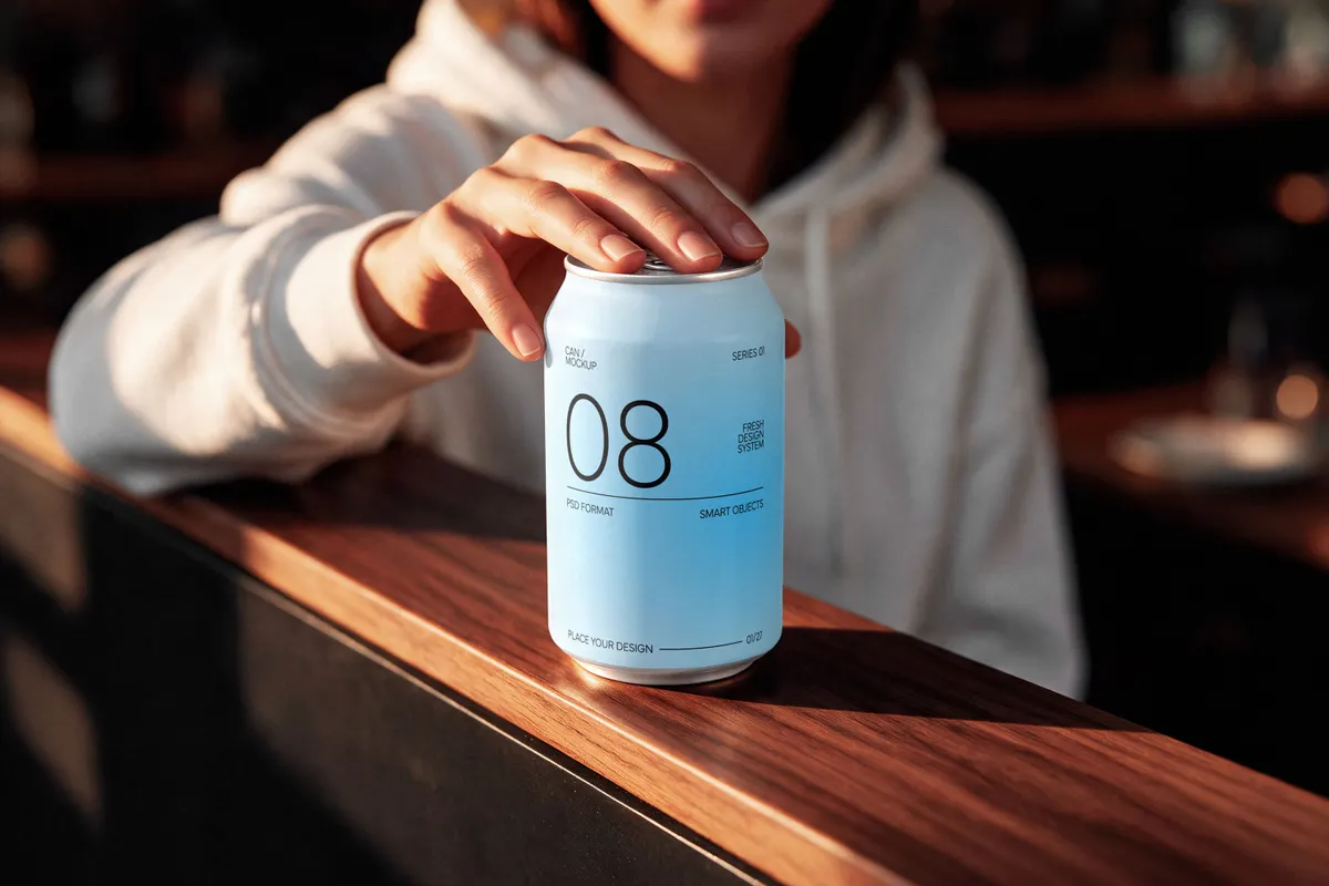 Drink Can Mockup on Bar Counter