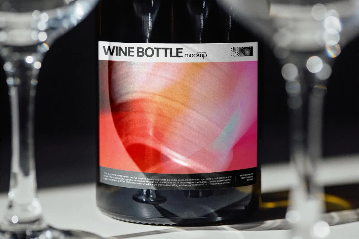 Wine Bottle Mockup with Glasses Closeup