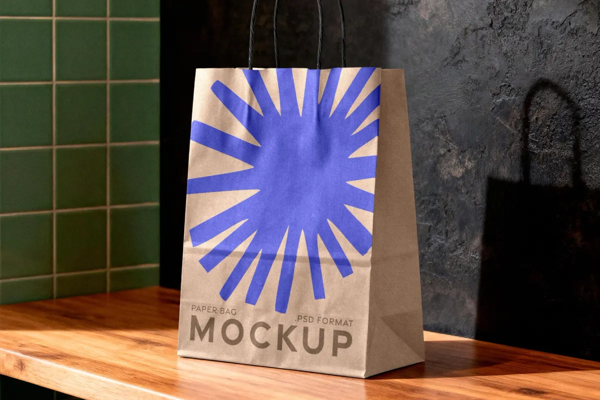 Kraft Paper Bag Mockup on Wooden Surface