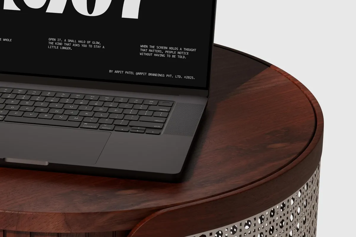 Macbook Pro Mockup on Handcrafted Wooden Table