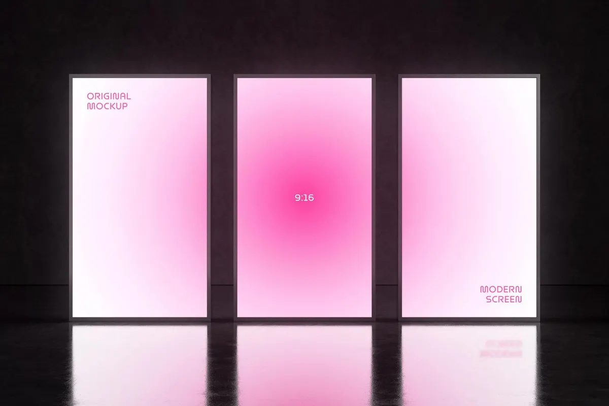 3 Glowing 9:16 Screens Mockup