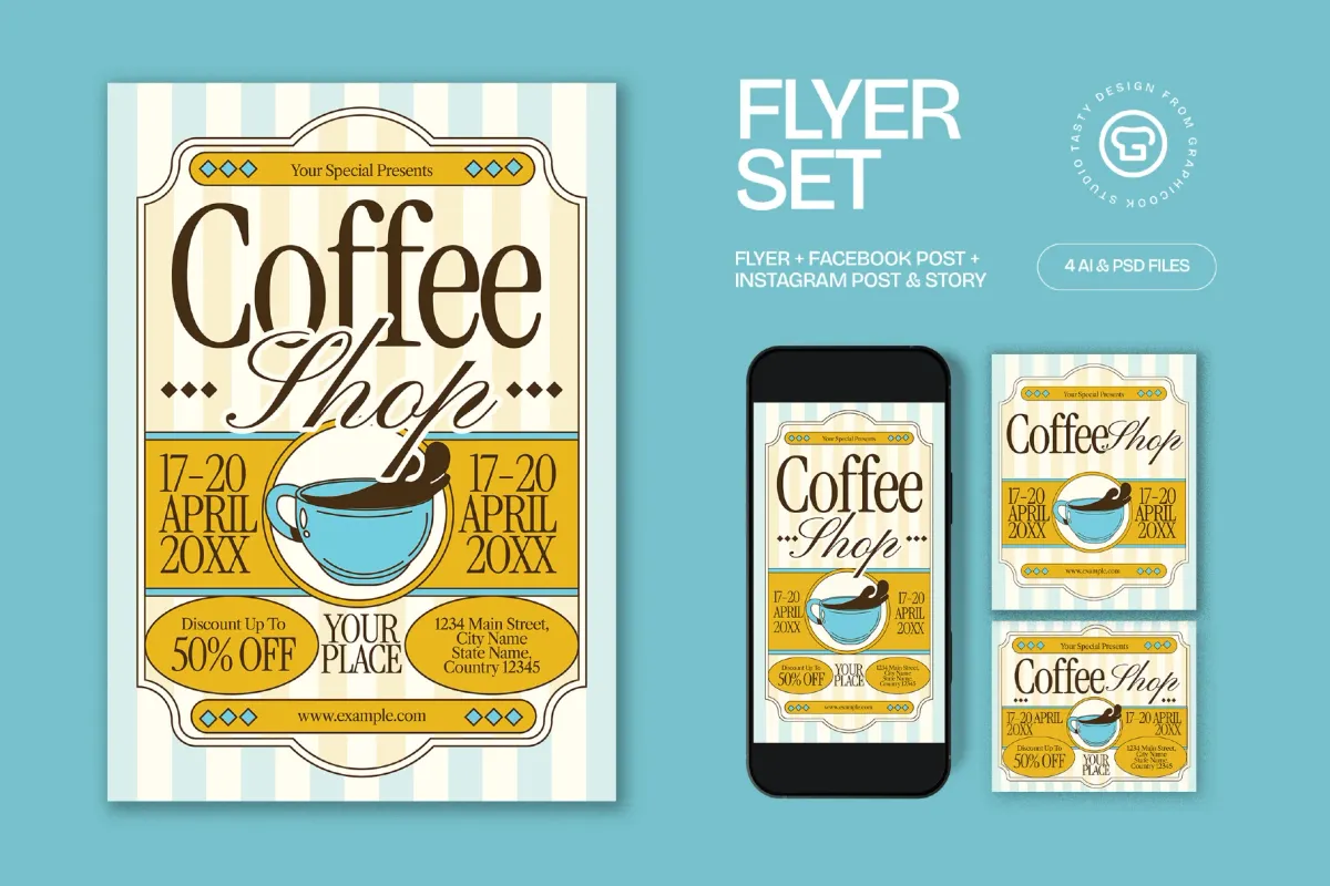 Blue Vintage Coffee Shop Promotion Flyer