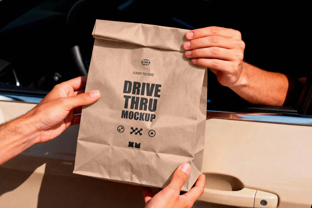 Takeaway Paper Bag Mockup in Car Window