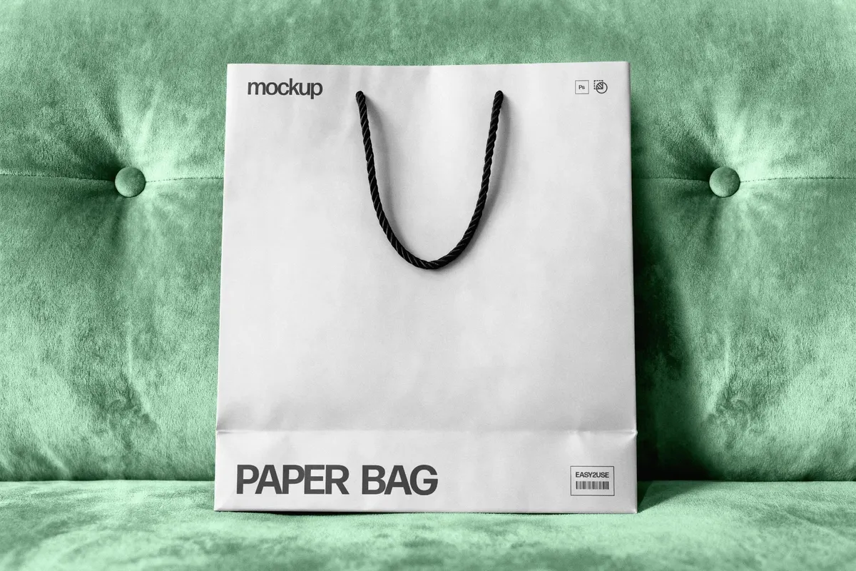 Paper Bag Mockup on Upholstered Seat