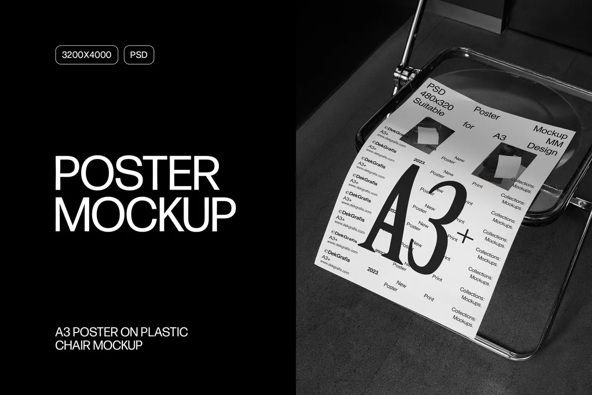 A3 Poster On Plastic Chair Mockup