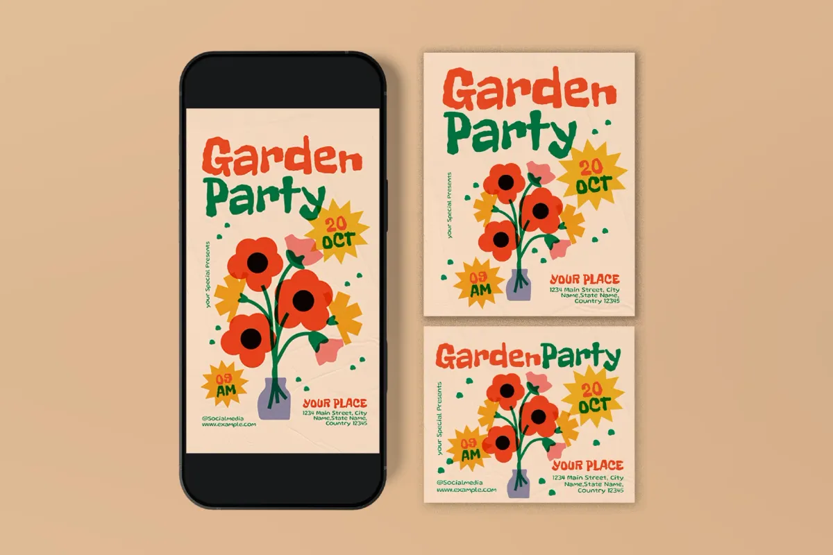 Beige Quirky Illustration Garden Party Flyer