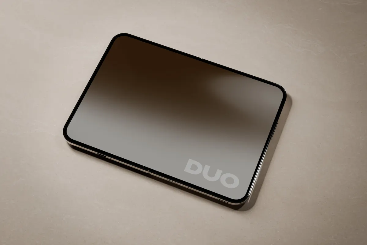 Unfolded iPhone Duo on Travertine Mockup