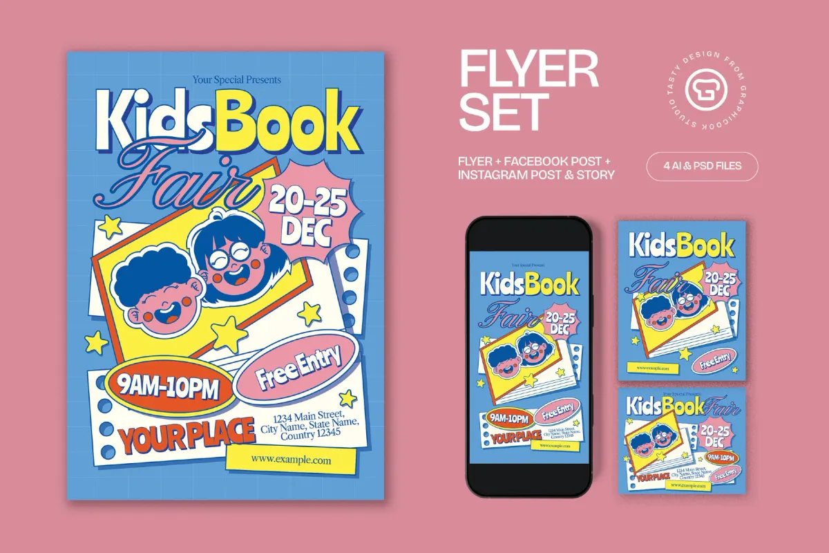 Blue Quirky Illustration Kids Book Fair Flyer