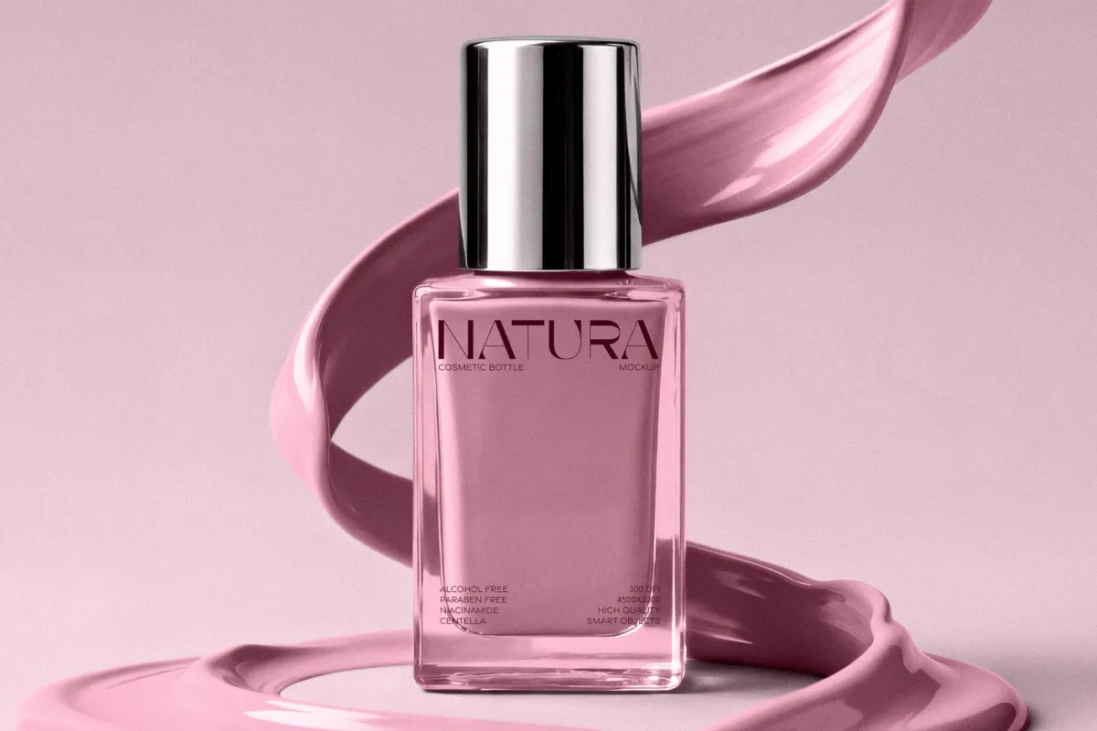 Glass Cosmetic Bottle Mockup with Cream Splash