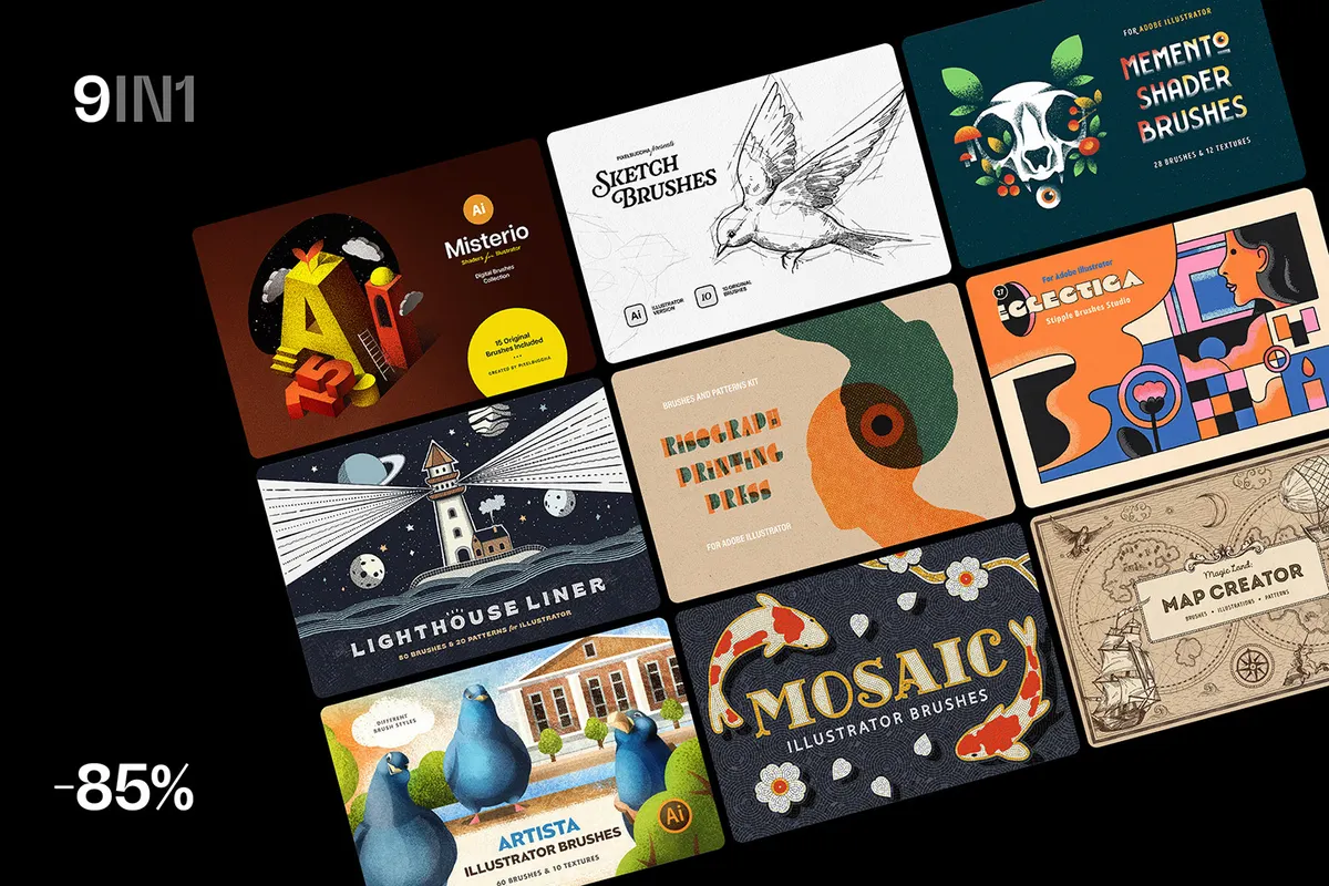 9 in 1 Illustrator Brushes Bundle