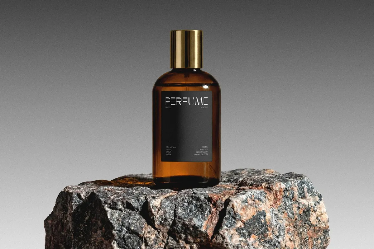 Glass Perfume Bottle Mockup on Stone Base