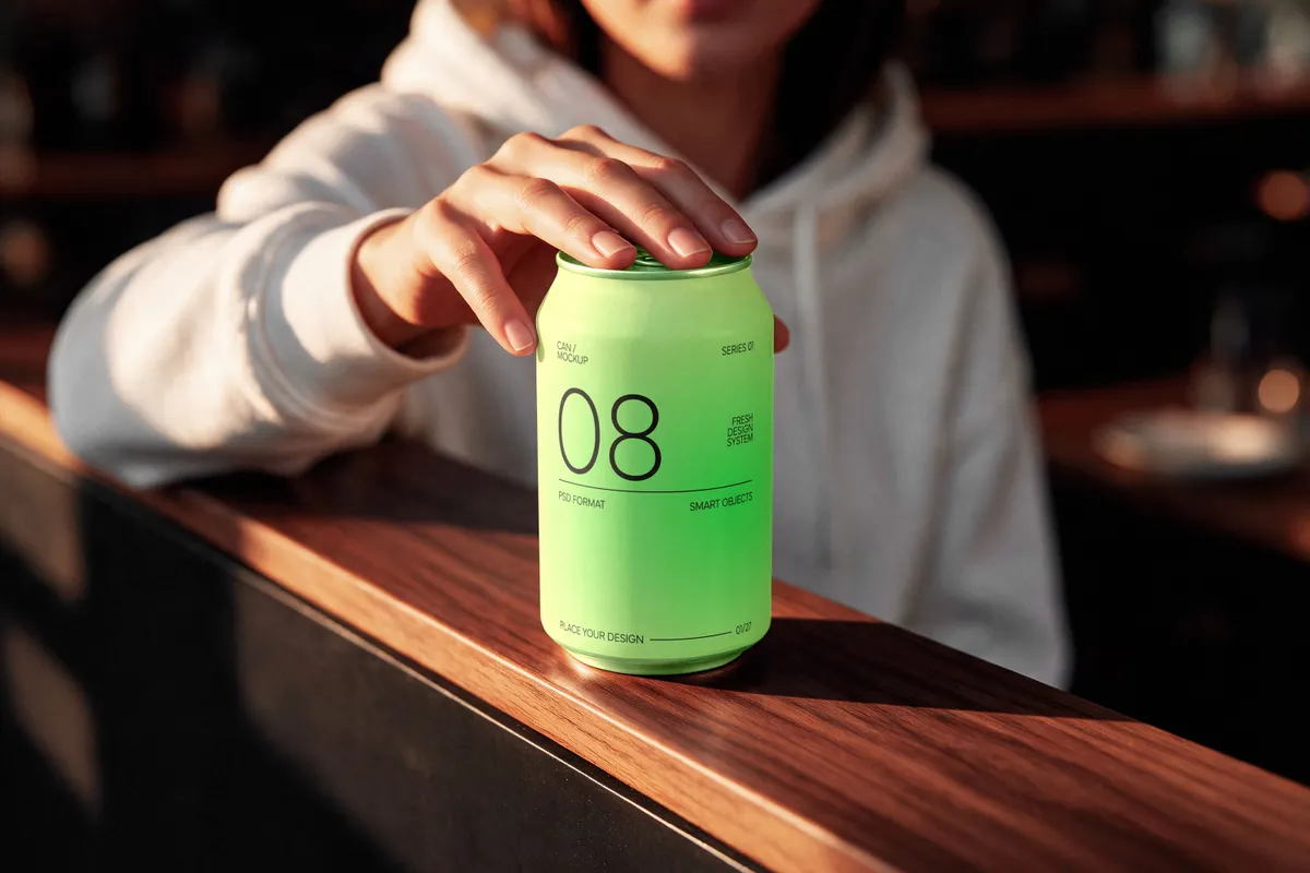 Drink Can Mockup on Bar Counter