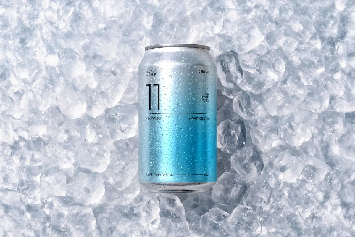 Soda Can Mockup in Ice Cubes