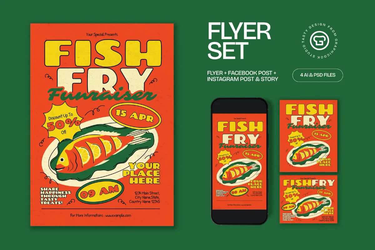 Orange Quirky Fish Fry Fundraiser Flyer