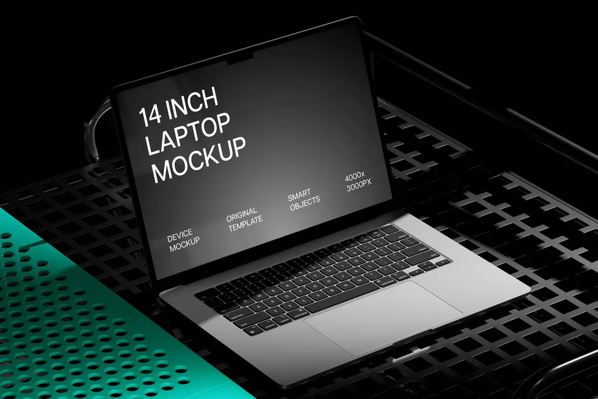Angled MacBook Pro 14 on Industrial Grid