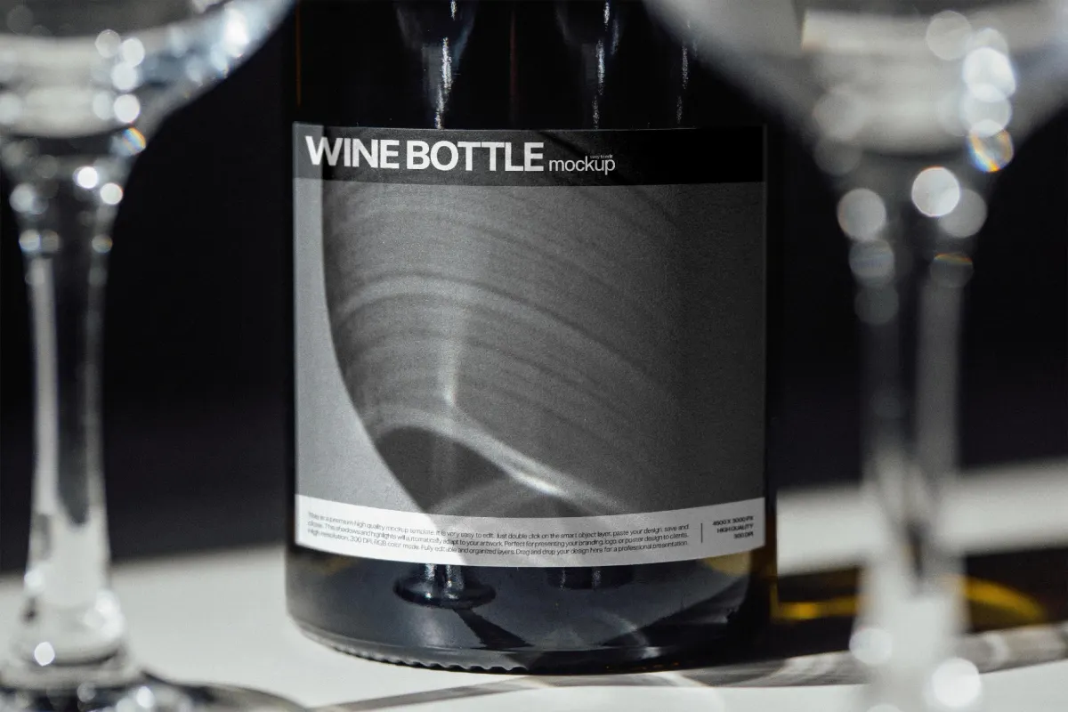 Wine Bottle Mockup with Glasses Closeup