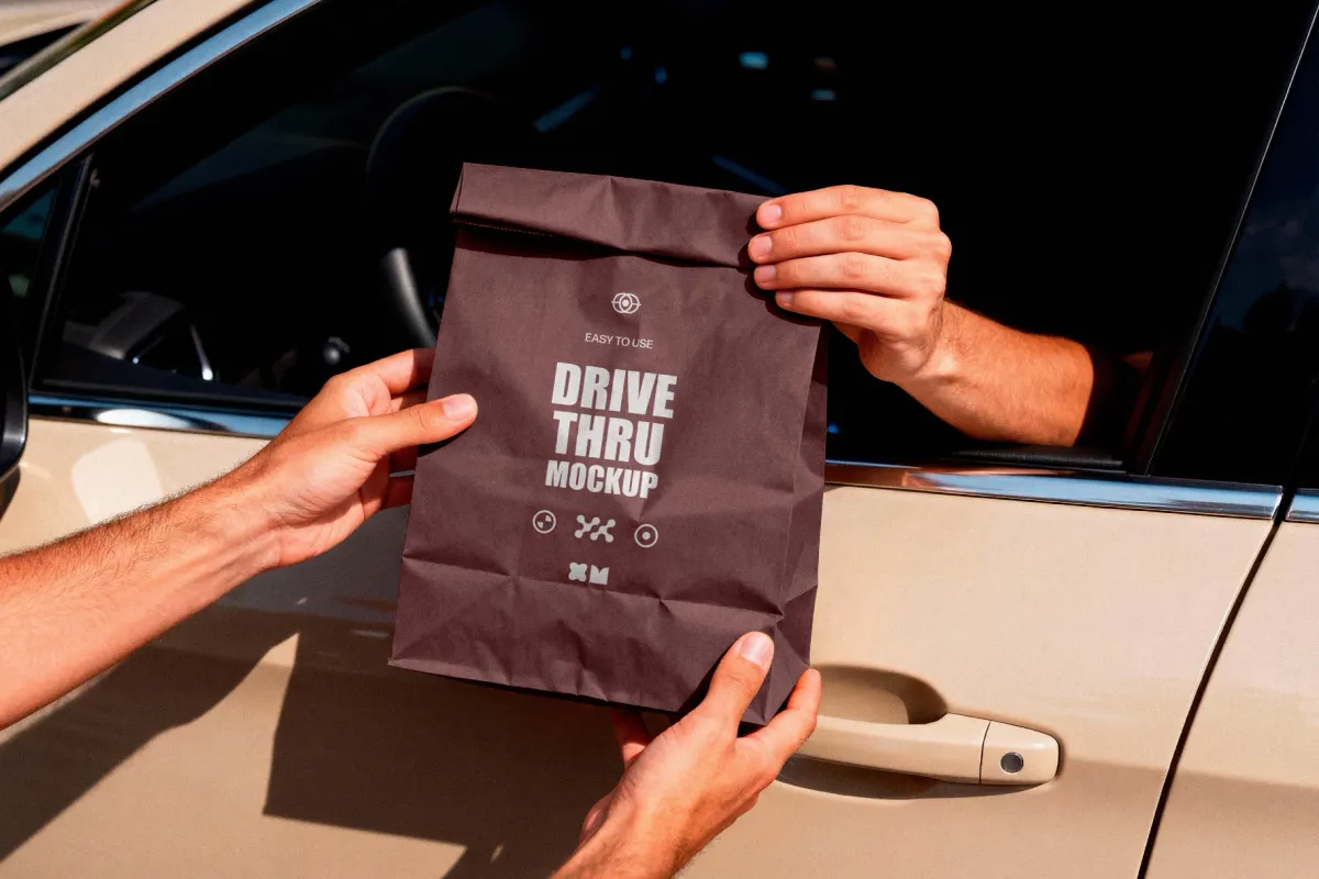Takeaway Paper Bag Mockup in Car Window