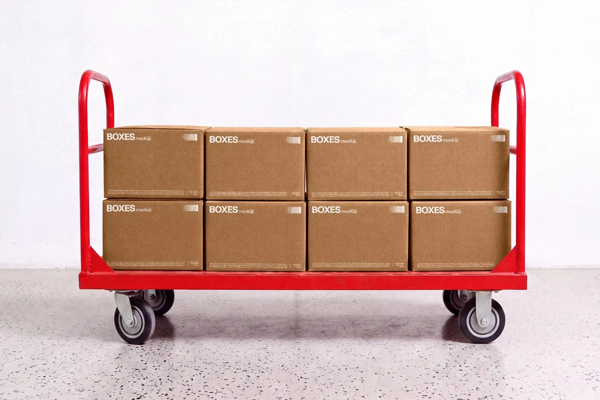 Stacked Boxes Mockup on a Trolley
